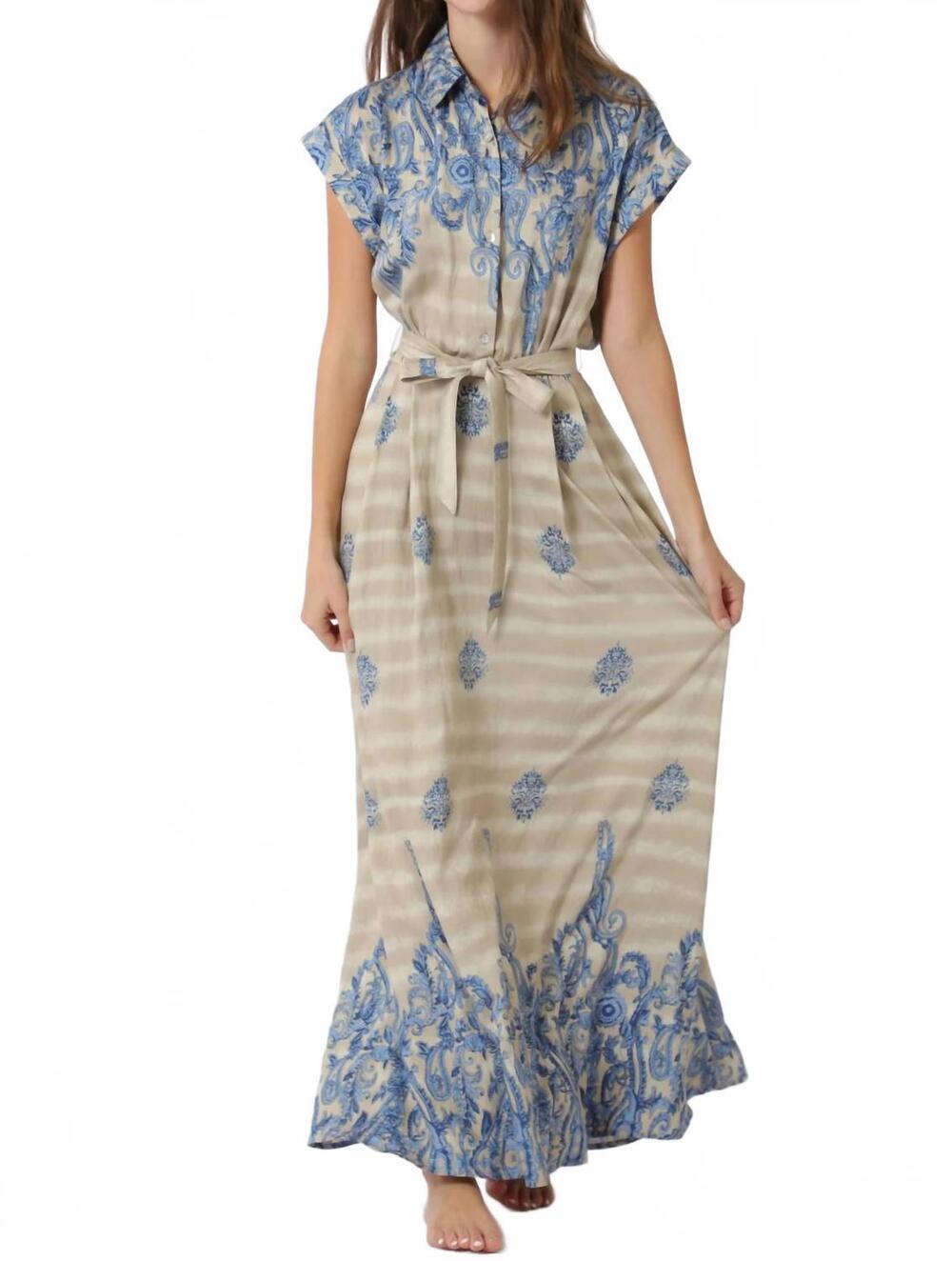 NEW KLD printed maxi dress in tan blue